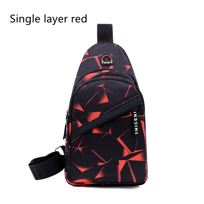 Men's sling chest bag in blue with earphone hole, crossbody strap, and zipper pockets, measuring 17cm wide.