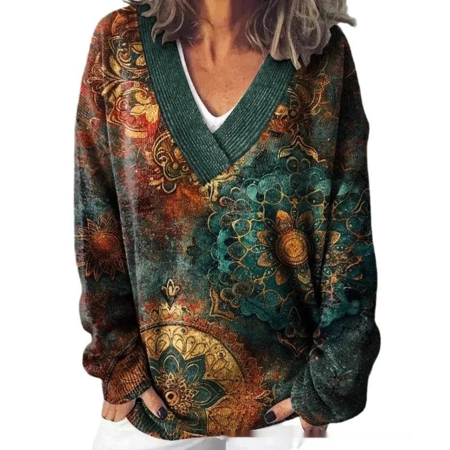 Women's V-neck long sleeve sweatshirt with a 3D floral print pattern in art retro style.