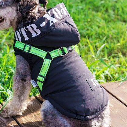 Red fleece-lined waterproof dog winter jacket with hood shown on medium-sized dog
