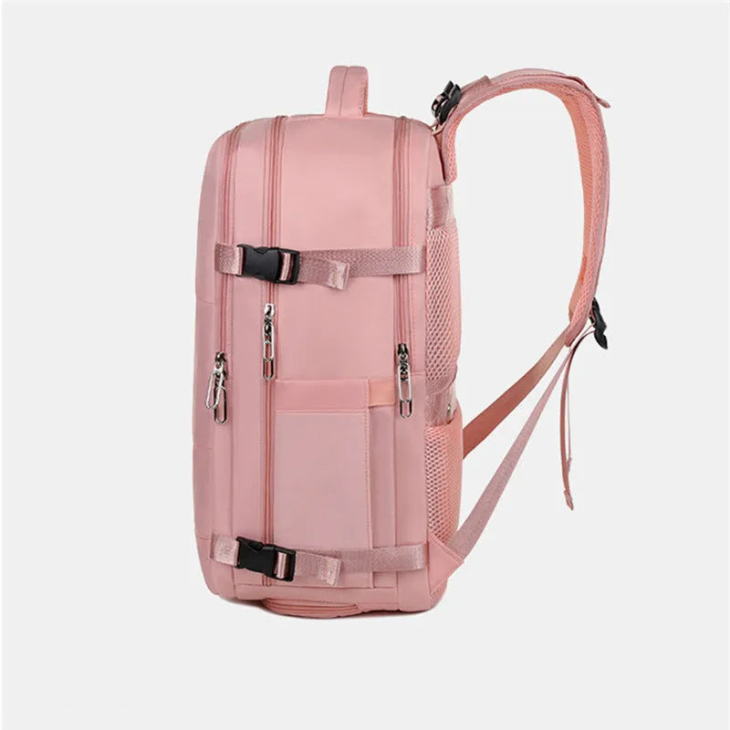 Large purple Oxford cloth travel backpack with multiple compartments and an air pillow belt.