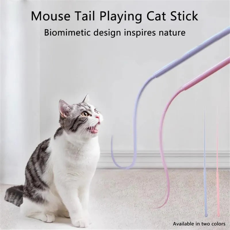 Blue simulated mouse tail cat toy with silicone tail and cat head design on a stick.