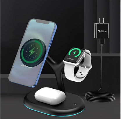 Black magnetic three-in-one wireless charging stand for iPhone Apple Watch and AirPods