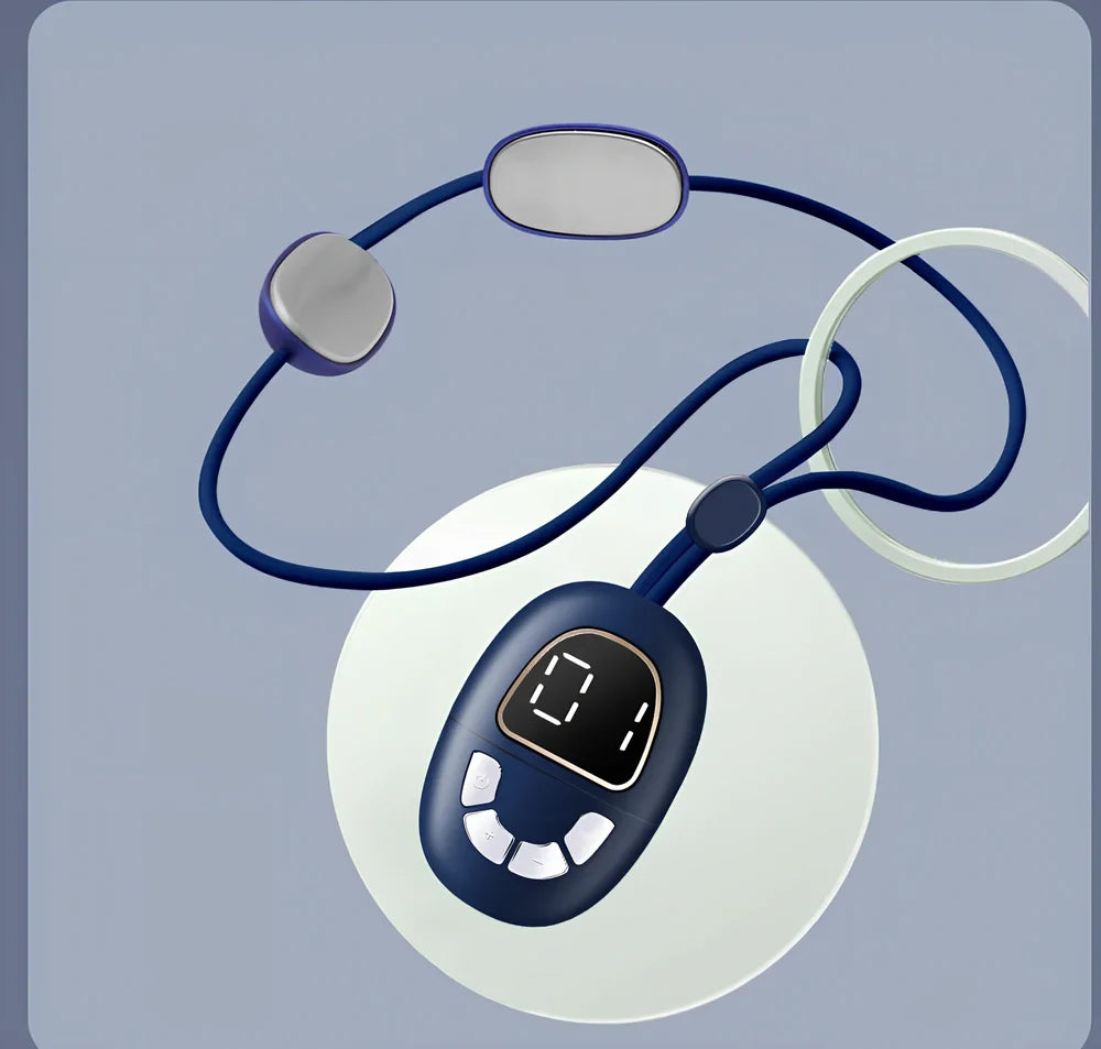 Blue mini cervical spine massage device with hanging neck design and four massage contacts for pulse therapy