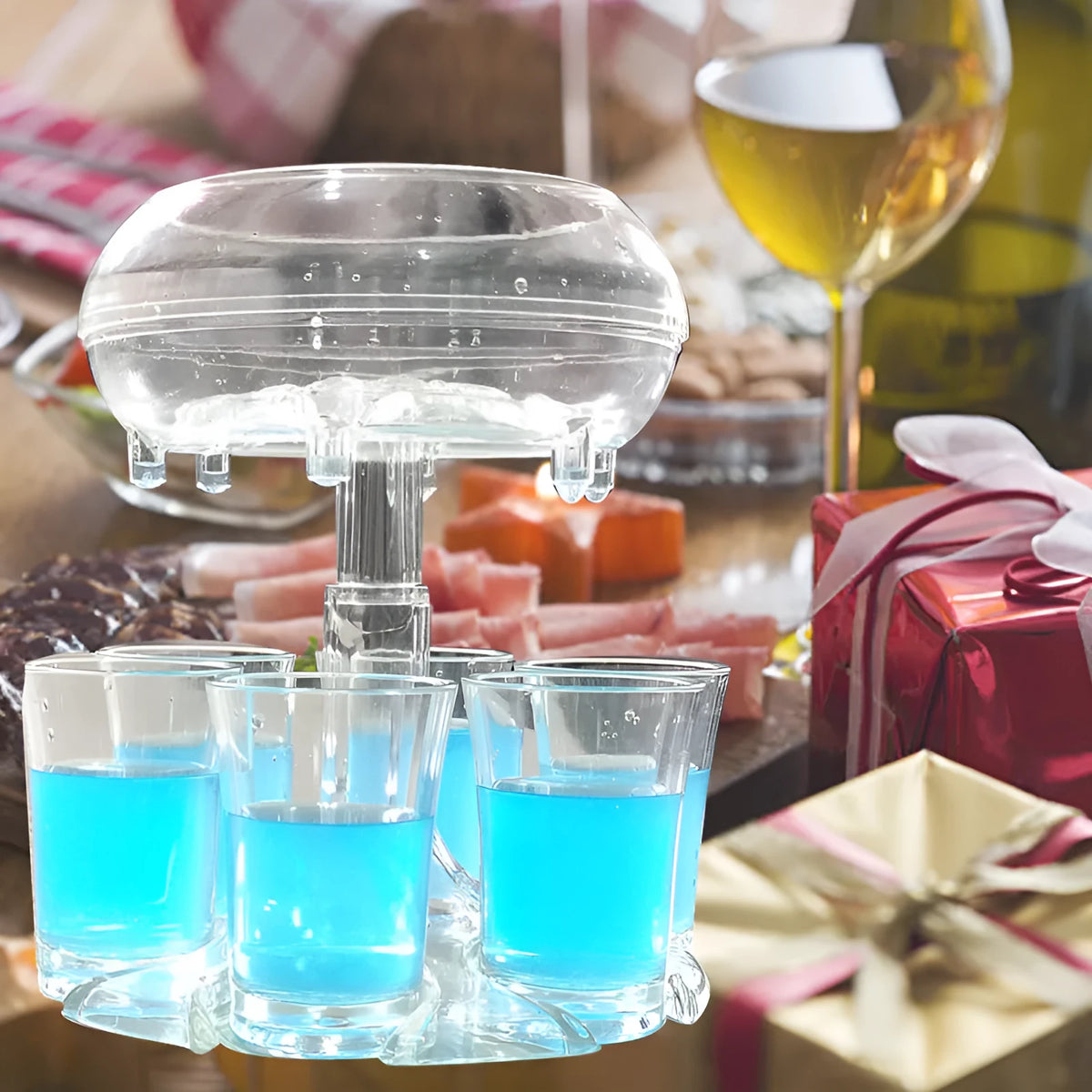 Transparent PMMA 6-shot glass dispenser stand with six shot glasses on a bar