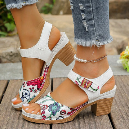 White women's high heel sandals with velcro buckle closure showing PU upper and rubber sole