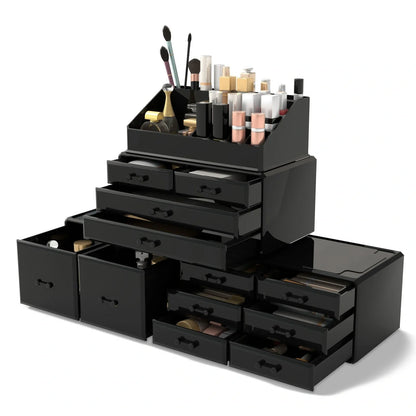 Three-layer transparent acrylic storage box for cosmetics with stackable design measuring 25cm wide