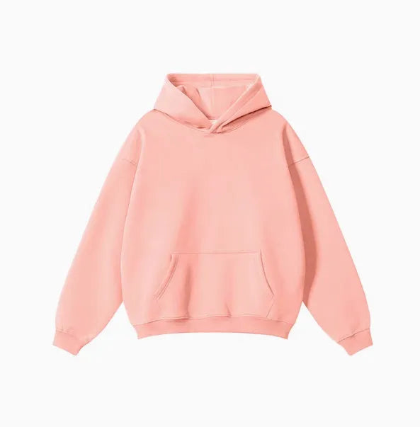 Men's grey terry hooded sweater with drop-shoulder sleeves and front pocket, showing textured cotton fabric