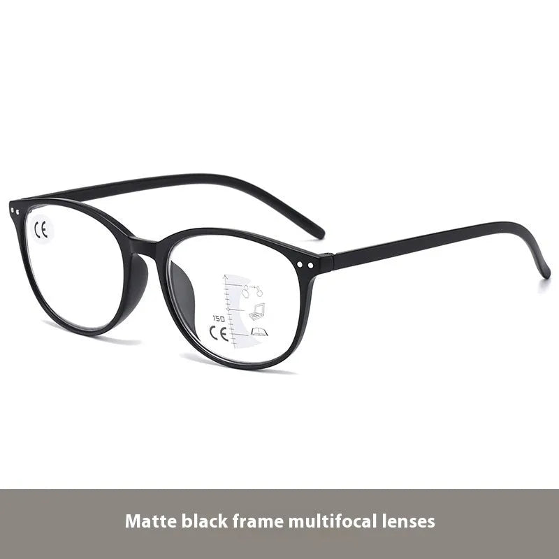 Women's multi-focus presbyopic glasses with adjustable nose pads and spring hinges in black and blue frame