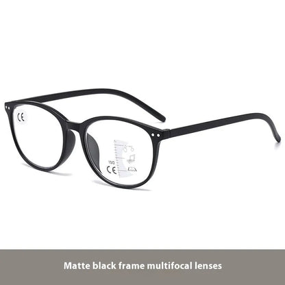 Women's multi-focus presbyopic glasses with adjustable nose pads and spring hinges in black and blue frame