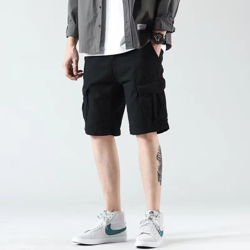 Men's heavy American overalls shorts in khaki, black, or green, loose straight-leg polyester blend summer shorts with zip fly