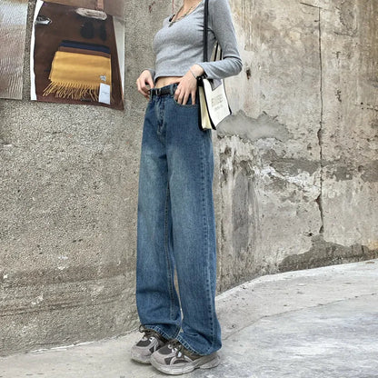 Women's high-waist retro straight jeans in retro blue colour, showing front and back views with 100% cotton denim detail