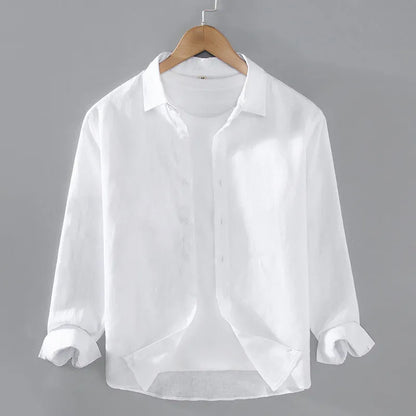 Pure linen men's cardigan shirt in a solid colour with long sleeves.