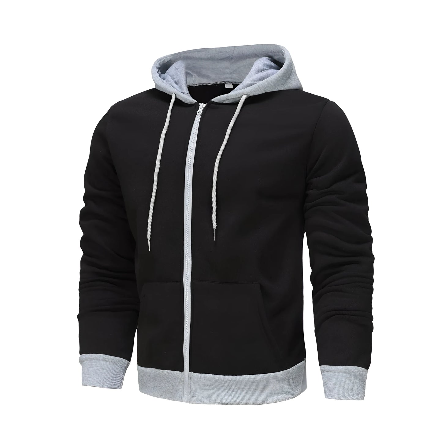 Men's black zip-up hoodie cardigan with a fleece lining, shown with the hood up.