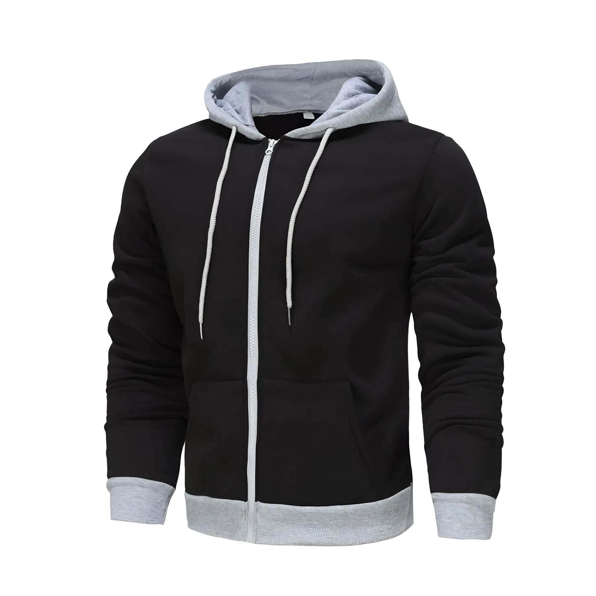 Men's black zip-up hoodie cardigan with a fleece lining, shown with the hood up.