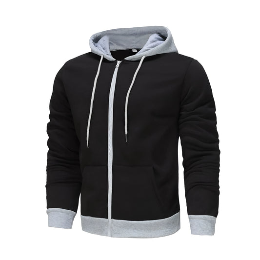 Men's black zip-up hoodie cardigan with a fleece lining, shown with the hood up.