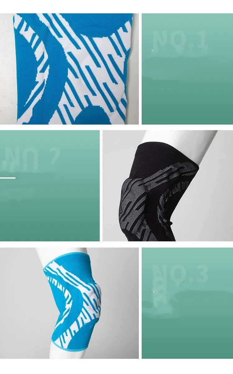 Pressurised basketball kneepads in black and blue colours showing adjustable compression design for knee protection