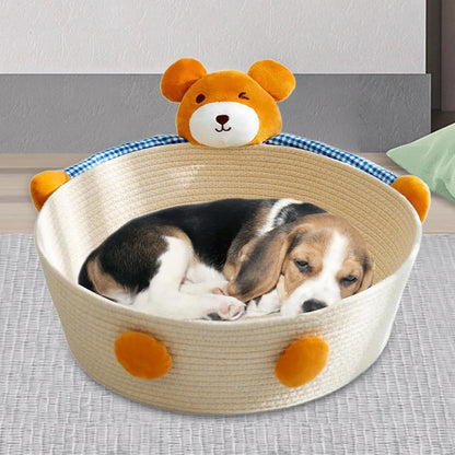 Woven cotton rope basket serving as a pet bed and integrated scratch board for cats, shown in a beige colour.