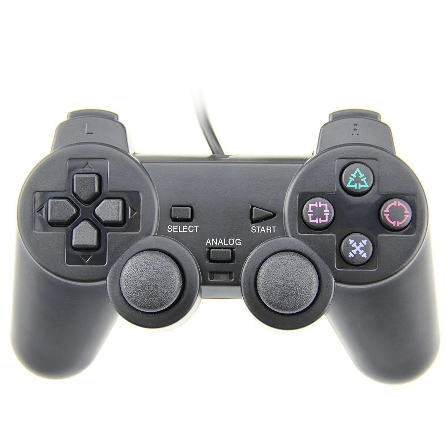 PS2 wired vibration game controller in metallic finish with USB connection cable