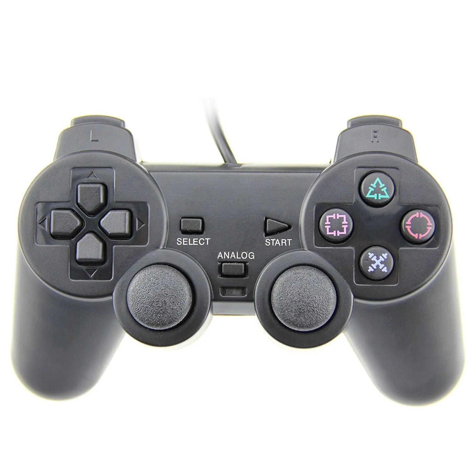 PS2 wired vibration game controller in metallic finish with USB connection cable