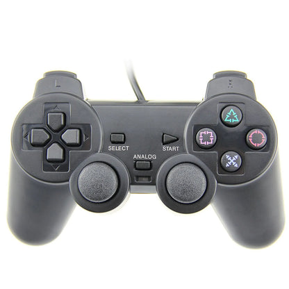 PS2 wired vibration game controller in metallic finish with USB connection cable
