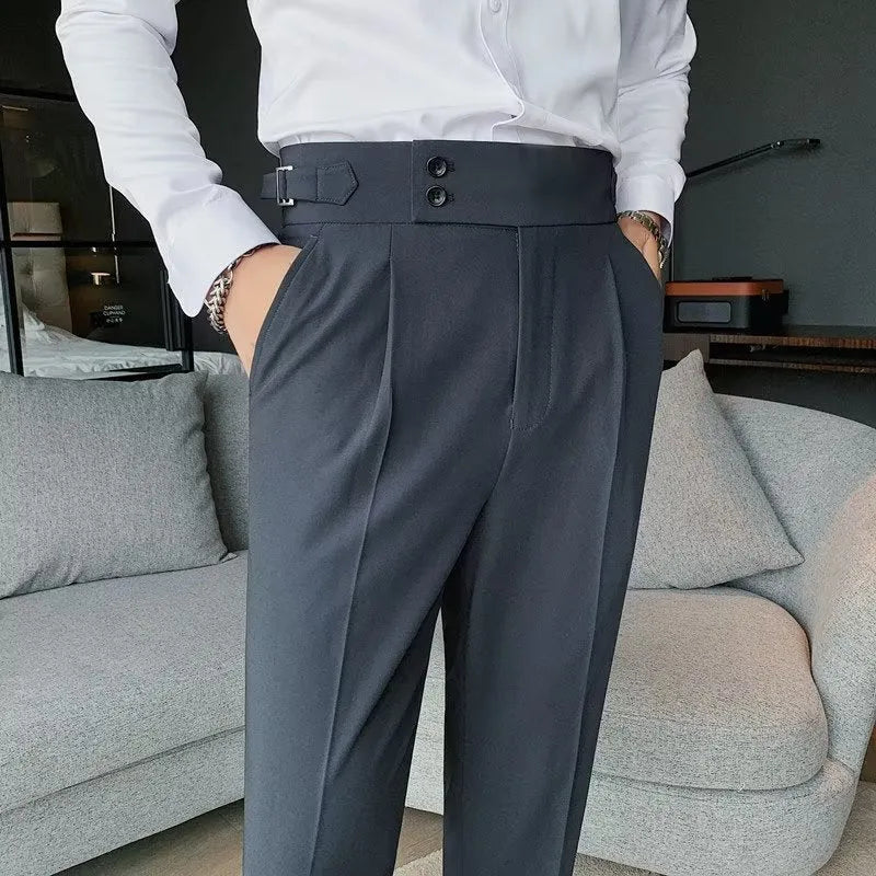 Retro high waist straight-leg casual trousers in a neutral colour, shown on a model.