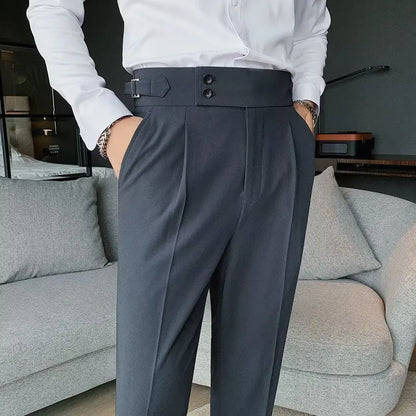 Retro high waist straight-leg casual trousers in a neutral colour, shown on a model.