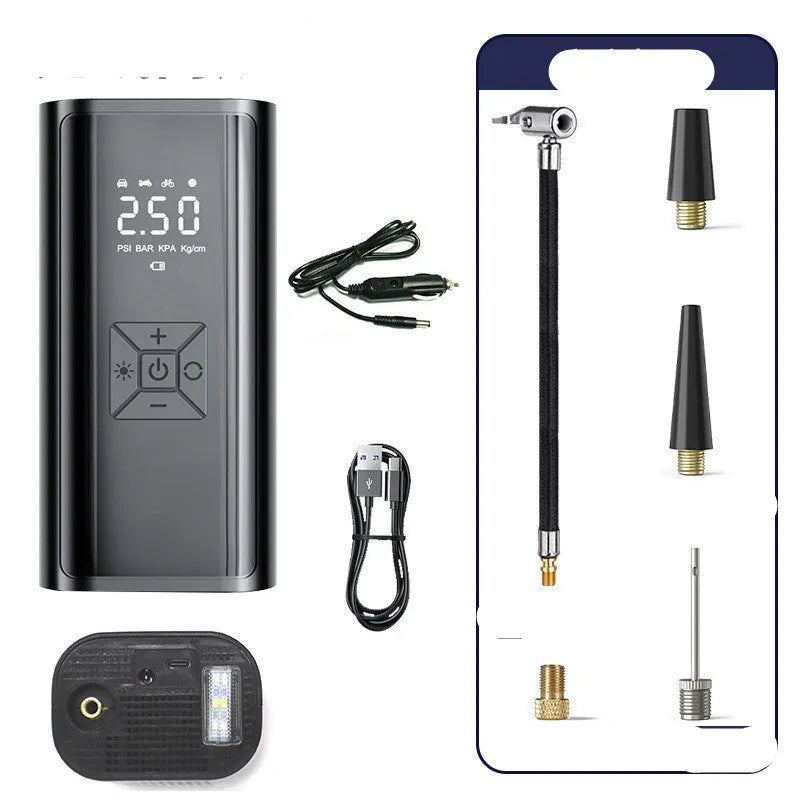 Portable wireless digital display car tyre pump with LED lighting and flexible inflatable tube