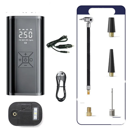 Portable wireless digital display car tyre pump with LED lighting and flexible inflatable tube