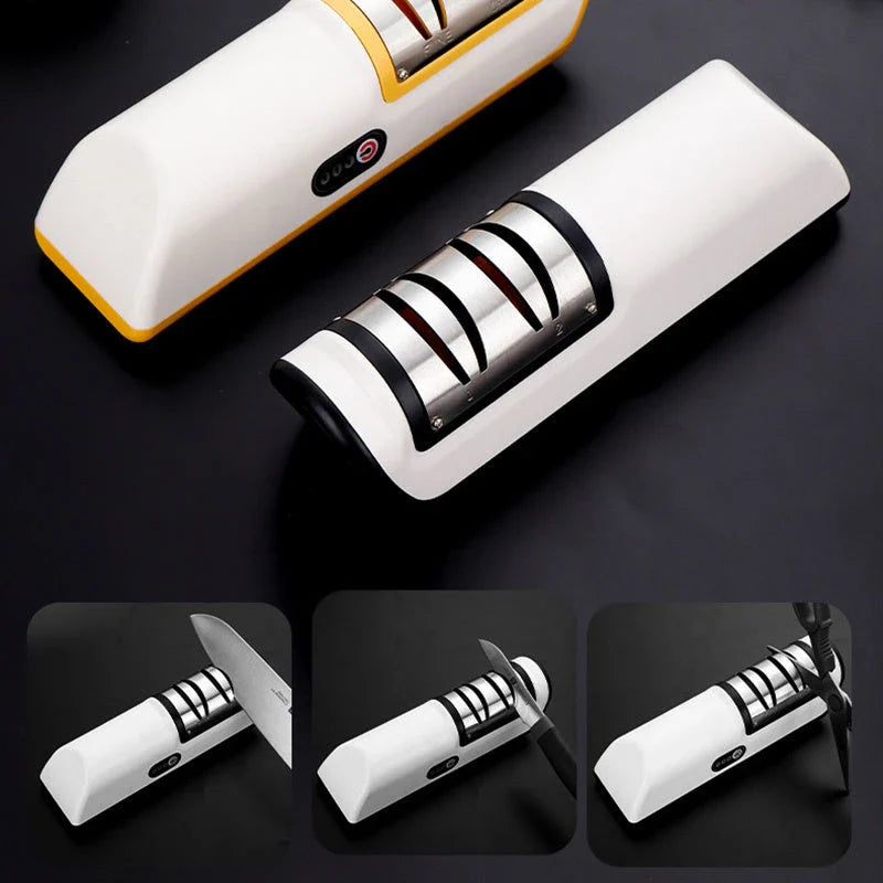 Electric knife sharpener with USB recharging, adjustable settings, and modern design for precise, easy blade honing