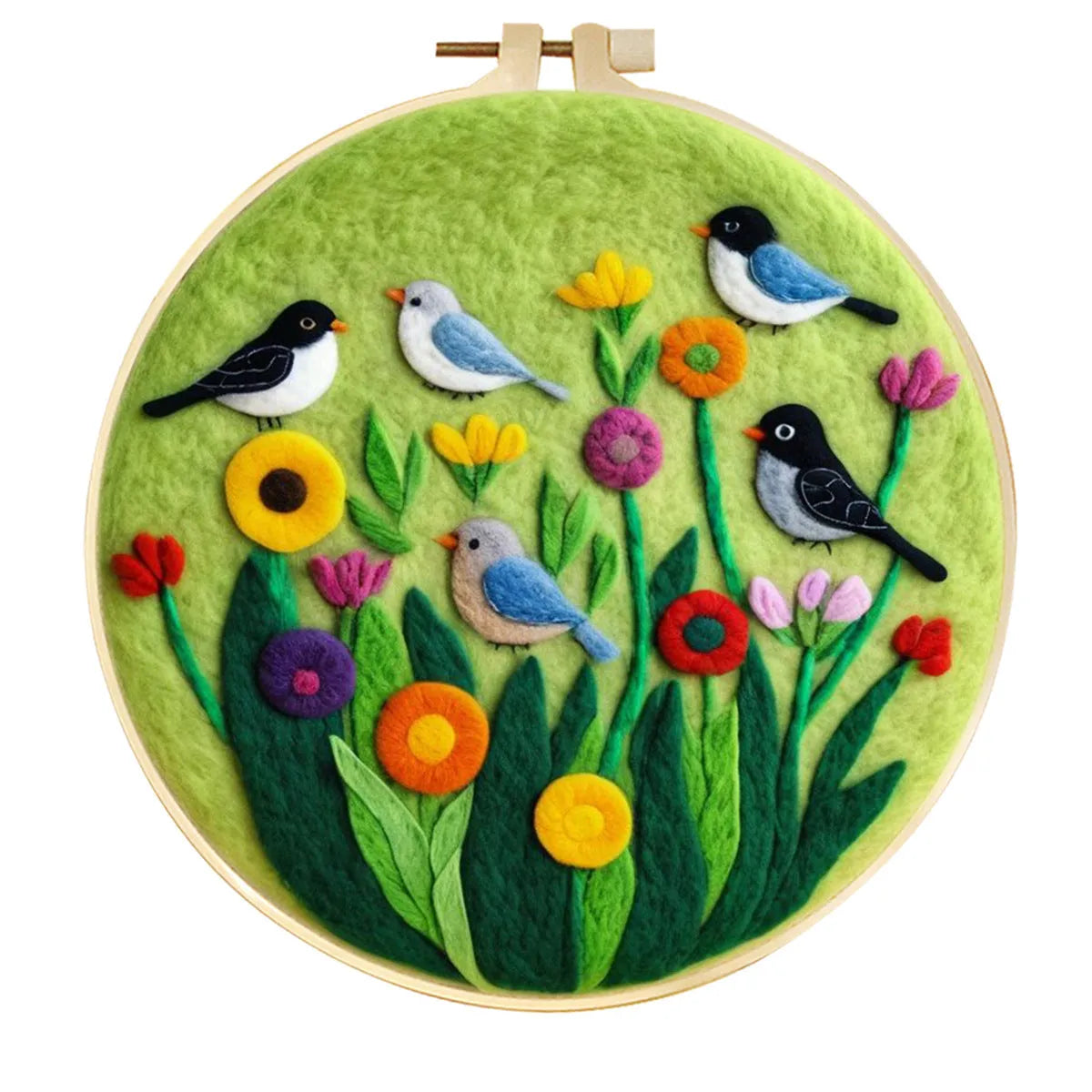 Round fabric embroidery kit with 20x20cm linen frame and wool felt for three-dimensional floral artwork