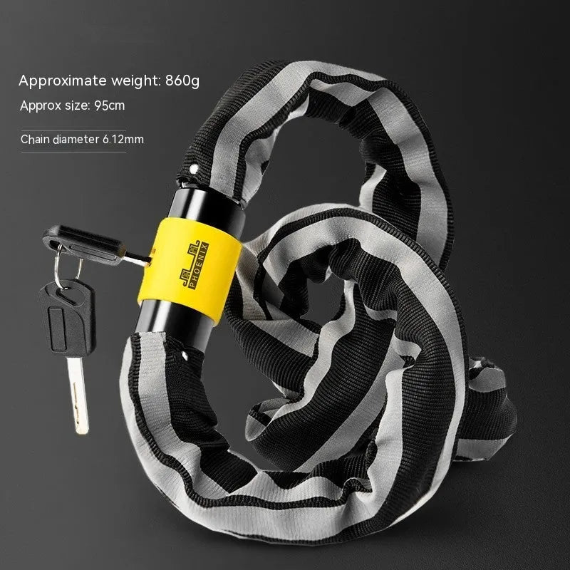 95cm black zinc alloy bicycle chain lock with anti-hydraulic shear protection shown securing a mountain bike