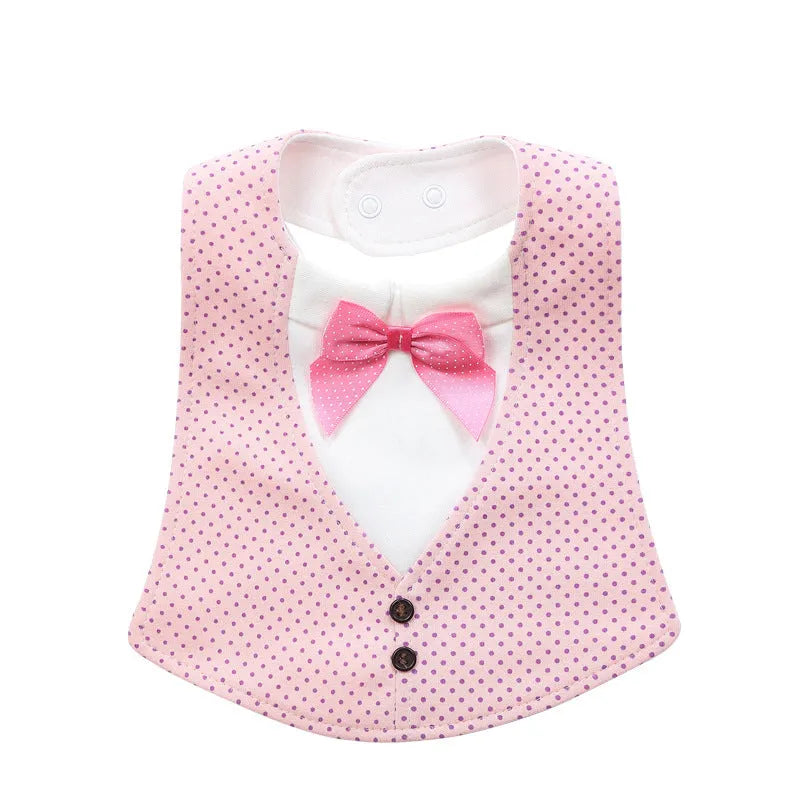 Adjustable baby bow tie bib in four-layer waterproof design, free size, shown in a choice of colour prints