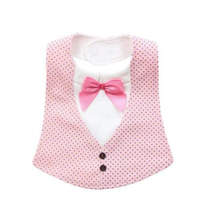 Adjustable baby bow tie bib in four-layer waterproof design, free size, shown in a choice of colour prints