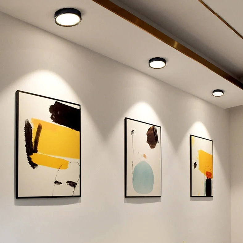 Ultra-thin 1.5cm LED surface mounted downlight in black shell with adjustable colour temperature lighting