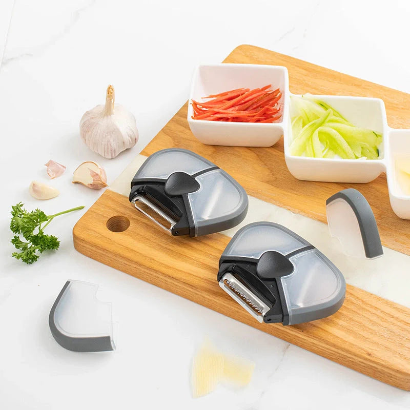 Stainless steel multi-function paring knife with rotating blades for peeling, planing, and cutting