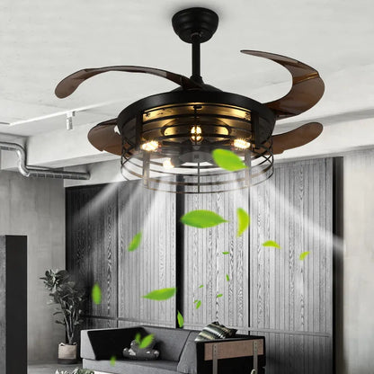 Industrial American retro ceiling fan lamp with 42-inch acrylic blades and remote control on wooden table