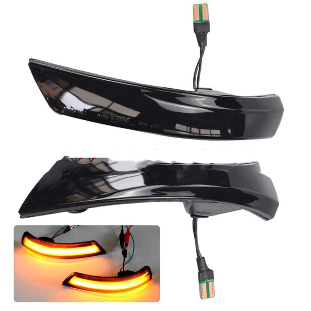 A pair of ABS rearview mirror waterfall lights for Ford Focus and Mondeo, showing blue and yellow two-tone LED option.