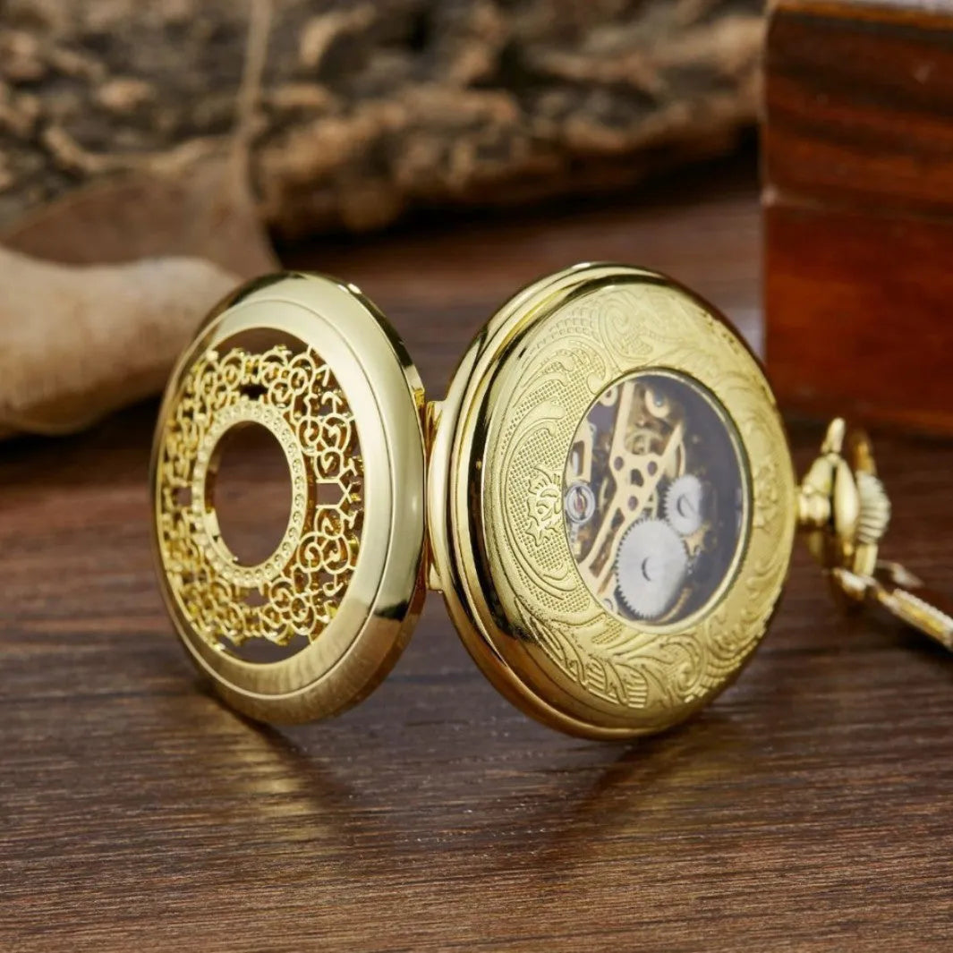 Retro automatic pocket watch with floral print dial and transparent case back showing mechanical movement.