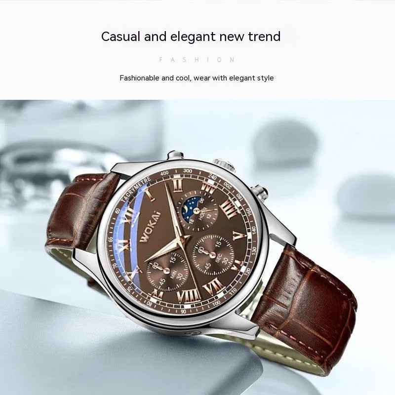 Men's quartz sport watch with 40.5mm round dial, coffee imitation leather strap, and pin buckle