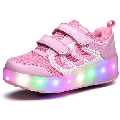 Girls' roller skates with blue PU wheels on a pavement, showing adjustable sizing and double wheel design
