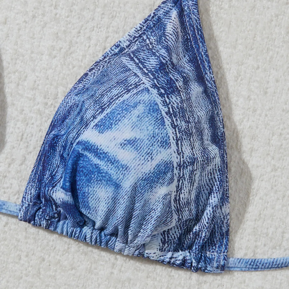 Women's denim blue printed bikini suit with adjustable straps, sizes S M L XL, nylon spandex fabric
