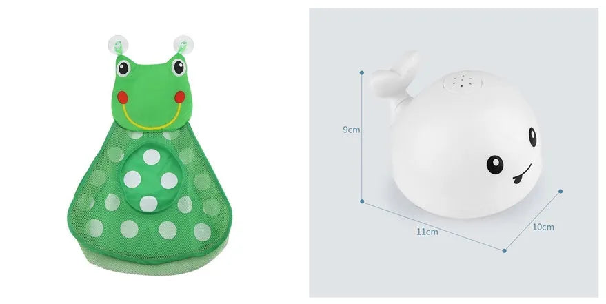 Automatic water-spraying whale bath toy with colourful lights floating in bath water.