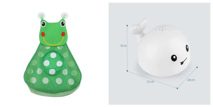 Automatic water-spraying whale bath toy with colourful lights floating in bath water.