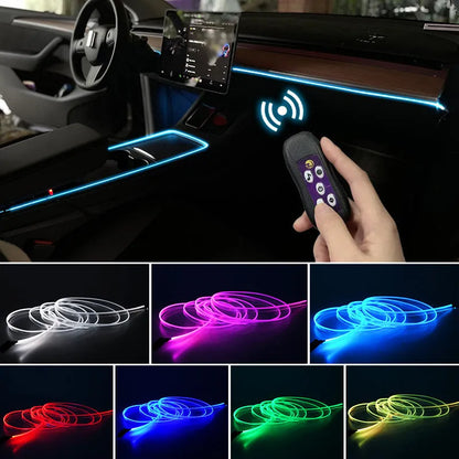Flexible car LED ambient lighting strip installed on dashboard with USB power cable and colour-changing effects