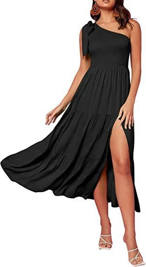Stunning one-shoulder dress with pleated, asymmetrical hemline and side slits