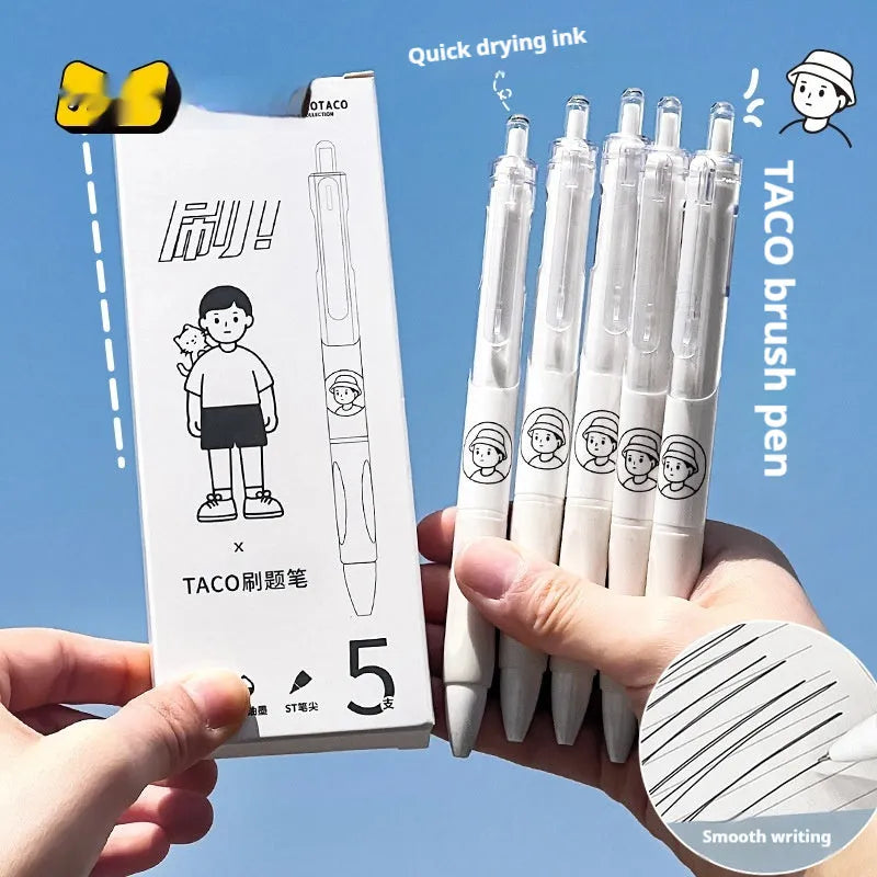 Five Taco series 0.5mm black ballpoint pens with quick-drying ink, plastic shells, suitable for exams and documents
