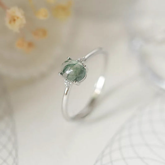 S925 Silver Green Moss Ring with adjustable opening and geometric design