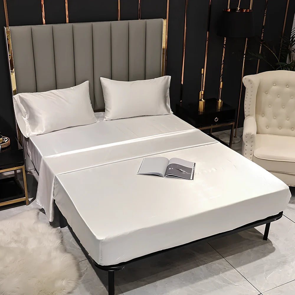 Artificial silk fitted bed sheet with elastic band in black, camel, red, sapphire or violet colours