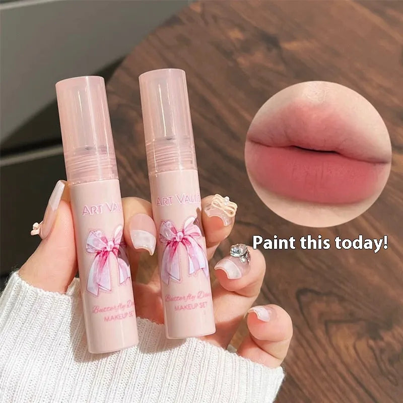Butterfly Box Suite makeup set featuring matte lip mud and powder blusher with necklace accessory, standard specifications with pink colour butterfly design suitable for universal skin types