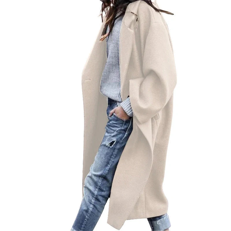 Women's solid color woolen coat with pockets for winter warmth